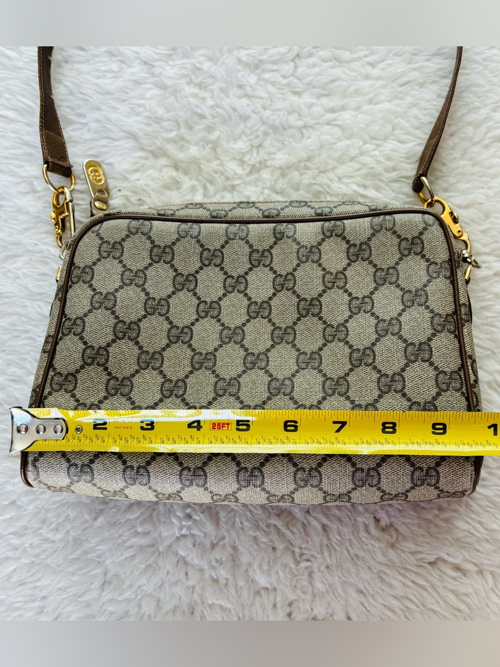 Gucci Vintage Sherry Line PVC GG Logo Brown/Beige Leather Small Shoulder Bag - Picture 8 of 16
